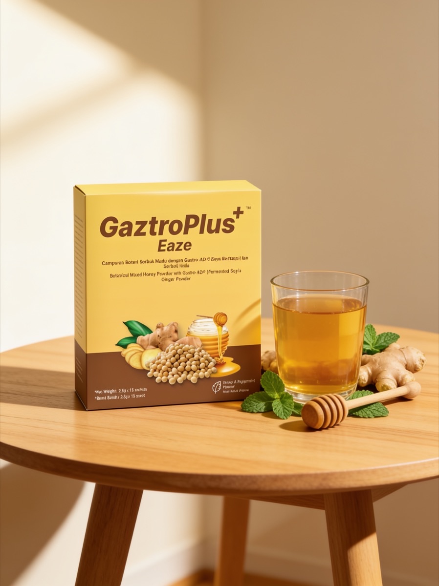 A GaztroPlus Eaze box beside a glass of golden ginger-honey drink with fresh ginger, honey and mint on a warm wooden table
