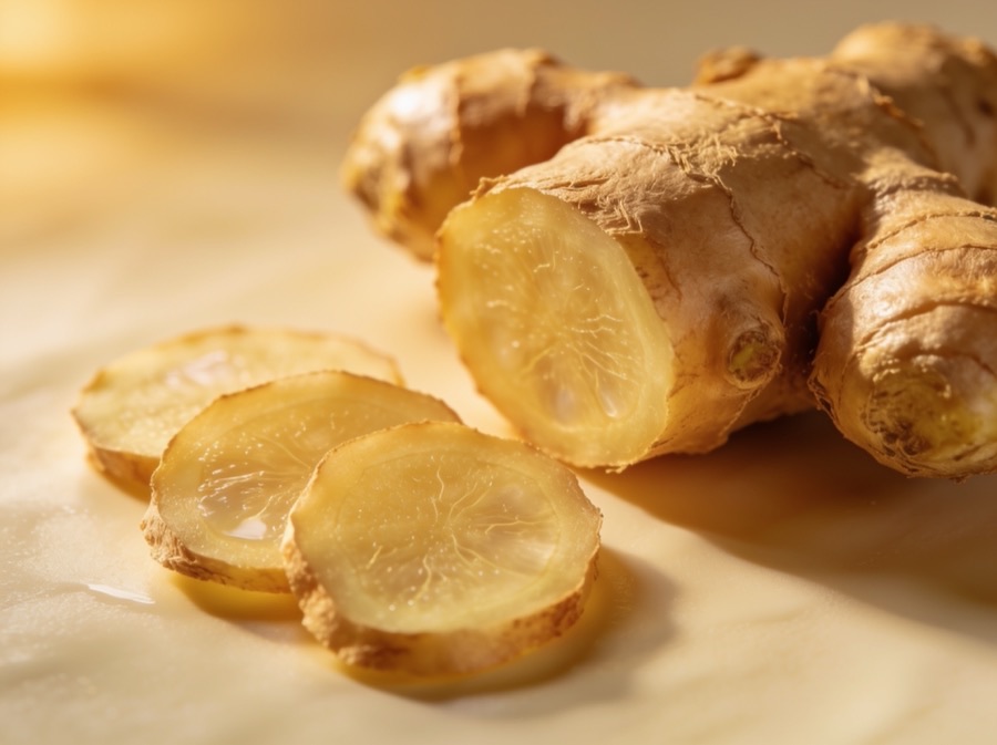 Fresh ginger root and slices