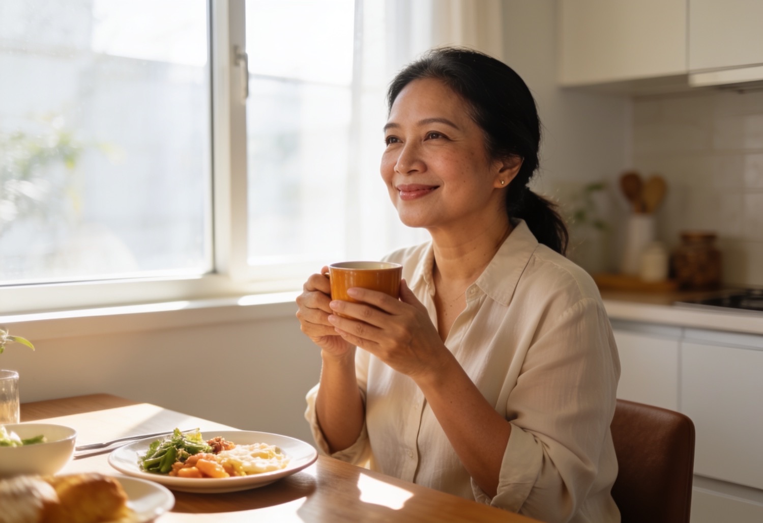 A woman enjoying a calm, comfortable morning with a warm drink by the window