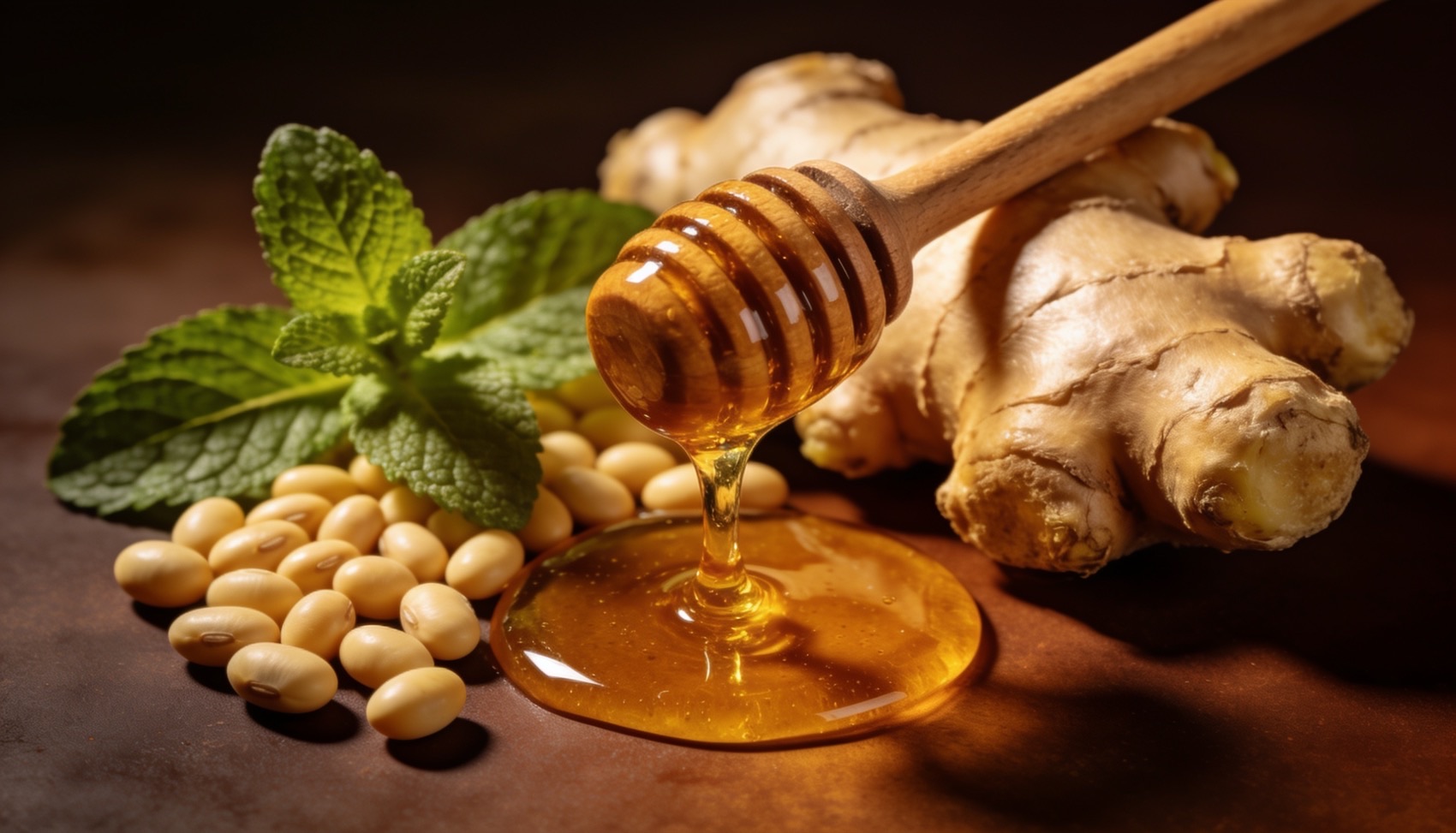 Luxury macro of golden honey dripping from a wooden dipper with fresh ginger, soybeans and peppermint leaves on a dark warm surface