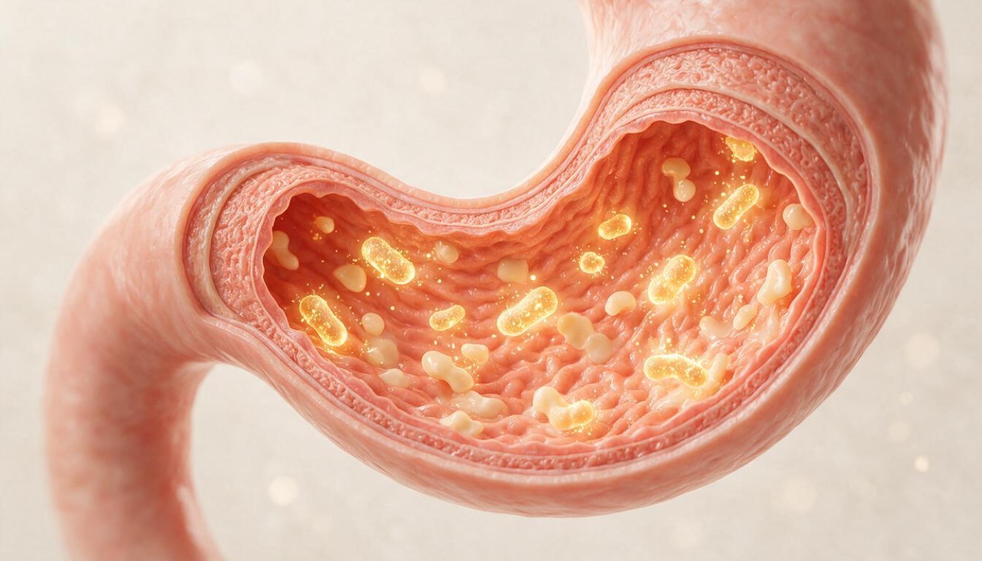 Clinical illustration of a stomach cross-section showing the protective mucosal lining with fermented-soy postbiotic microorganisms along the stomach wall