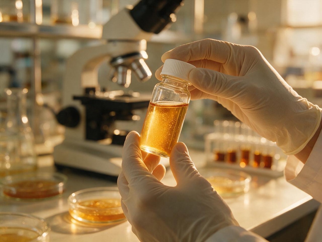 Gloved hands examining a golden fermented-soy postbiotic sample beside a microscope in the laboratory