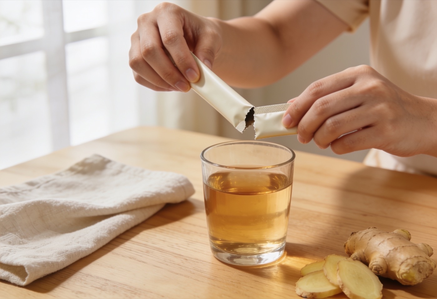 Tearing open a GaztroPlus Eaze sachet over a glass of warm water